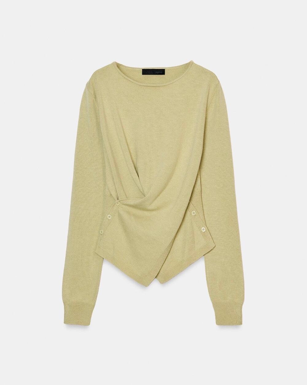 Zara Draped Knit Jumper Washed Green Button Sweater Size S